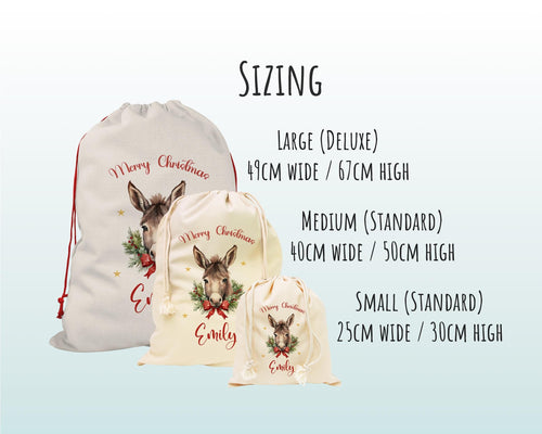 Personalised Christmas Sack - Santa Sack for Kids Presents Xmas Cute Donkey Design Stocking Christmas Eve Bag Box for Girls & Boys XS057