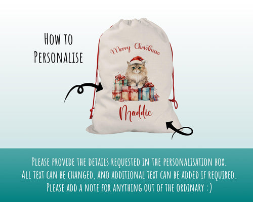 Personalized Christmas Sack – Cute Cat Design, Xmas Gift Bag XS054