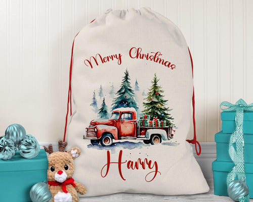 Personalised Christmas Sack - Santa Sack for Kids Presents Xmas Tree and Truck Design Stocking Christmas Eve Bag Box for Girls & Boys XS047