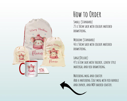 Personalised Christmas Sack - Santa Sack for Kids Presents Xmas Cute Mouse Design Stocking Christmas Eve Bag Box for Girls & Boys XS043