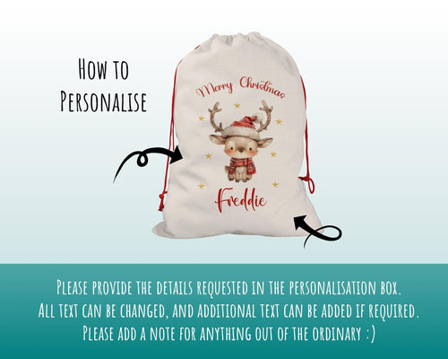 Personalised Christmas Sack - Santa Sack for Kids Presents Xmas Cute Reindeer Design Stocking Christmas Eve Bag Box for Girls & Boys XS030