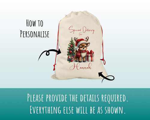 Personalised Christmas Sack - Santa Sack for Kids Presents Xmas Reindeer Tree Design Stocking Christmas Eve Bag Box for Girls & Boys XS018
