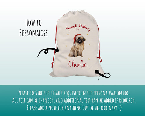 Personalised Pekingese Dog Large Christmas Sack - Red Drawstring Bag for Xmas Presents - Christmas Eve Bag Box Decoration for Dogs XS135