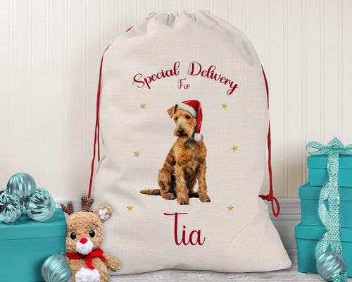 Personalised Lakeland Terrier Large Christmas Sack - Red Drawstring Bag for Xmas Presents - Christmas Eve Bag Box Decoration for Dogs XS126