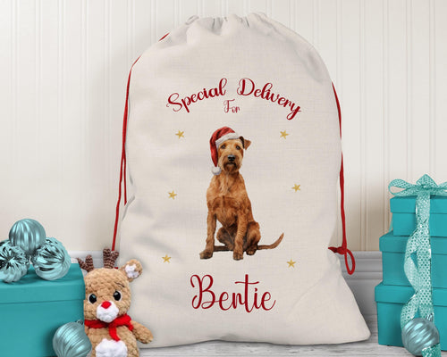 Personalised Irish Terrier Dog Large Christmas Sack - Red Drawstring Bag for Xmas Presents - Christmas Eve Bag Box Decoration for Dogs XS114