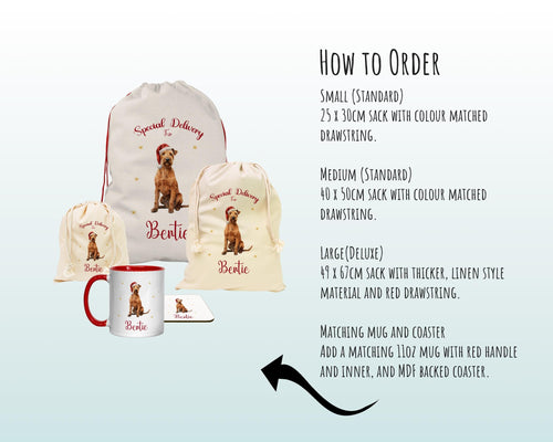 Personalised Irish Terrier Dog Large Christmas Sack - Red Drawstring Bag for Xmas Presents - Christmas Eve Bag Box Decoration for Dogs XS114