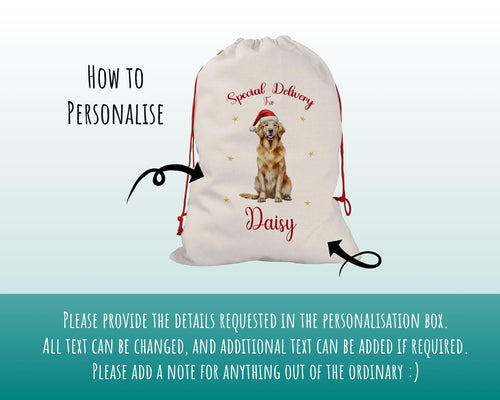 Personalised Golden Retriever Large Christmas Sack - Red Drawstring Bag for Xmas Presents - Christmas Eve Bag Box Decoration for Dogs XS109