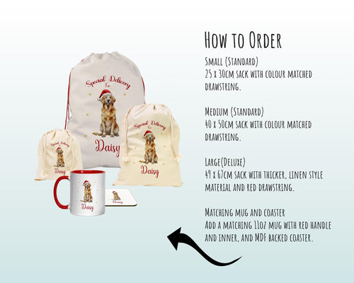 Personalised Golden Retriever Large Christmas Sack - Red Drawstring Bag for Xmas Presents - Christmas Eve Bag Box Decoration for Dogs XS109