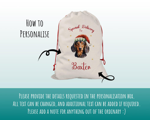 Personalised Dachshund Large Christmas Sack - Red Drawstring Bag for Xmas Presents - Christmas Eve Bag Box Decoration for Dogs XS097