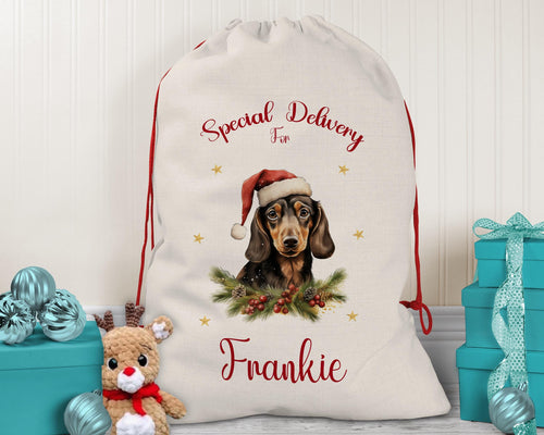 Personalised Dachshund Large Christmas Sack - Red Drawstring Bag for Xmas Presents - Christmas Eve Bag Box Decoration for Dogs XS090