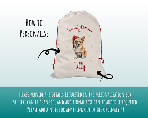 Personalised Corgi Dog Large Christmas Sack - Red Drawstring Bag for Xmas Presents - Christmas Eve Bag Box Decoration for Dogs XS089