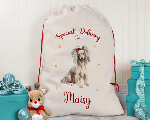 Personalised Chinese Crested Water Dog Large Christmas Sack - Red Drawstring Bag for Xmas Presents - Christmas Eve Bag Box Decoration XS085