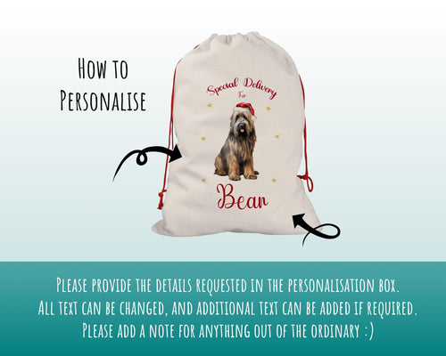 Personalised Briard Dog Large Christmas Sack - Red Drawstring Bag for Xmas Presents - Christmas Eve Bag Box Decoration for Dogs XS079