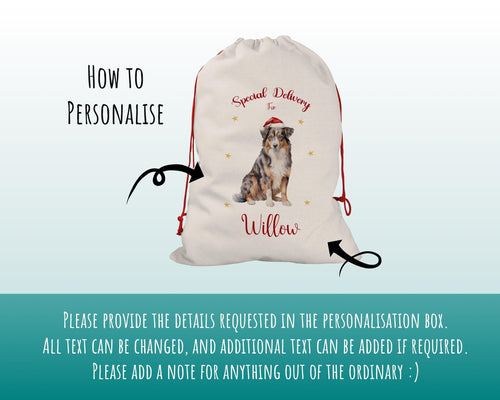 Personalised Australian Shepherd Large Christmas Sack - Red Drawstring Bag for Xmas Presents Christmas Eve Bag Box Decoration for Dogs XS070