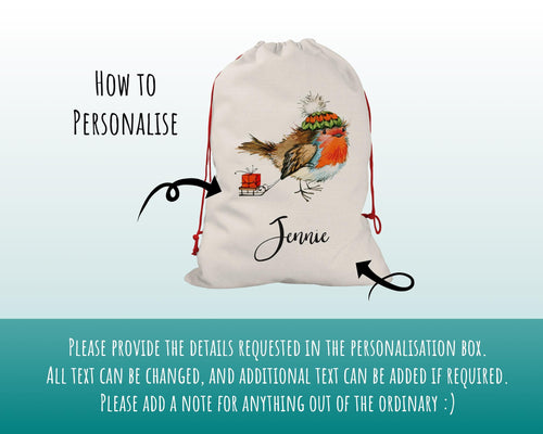 Personalised Large Christmas Sack Robin Sledge Design Xmas Stocking Gift Rudolph Sack Red Drawstring Christmas Decoration SK051