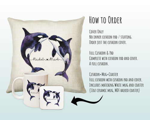Personalised Orca Whale Cushion Gift Printed Name Design - Cushion Throw Pillow For 2nd Cotton Wedding Anniversary Gift for Him Her SMC008