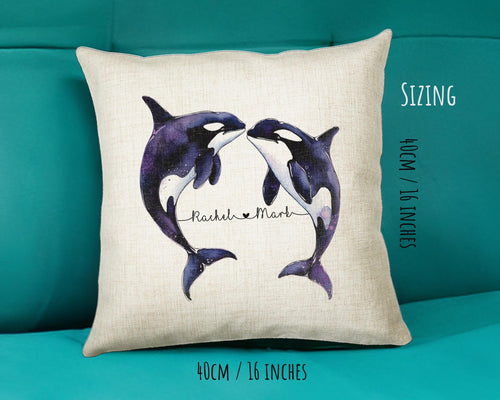 Personalised Orca Whale Cushion Gift Printed Name Design - Cushion Throw Pillow For 2nd Cotton Wedding Anniversary Gift for Him Her SMC008