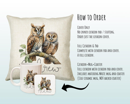 Personalised Owl Cushion Gift Printed Name Design - Cushion Throw Pillow for Him Her - Wild Birds of Prey Lover Gift Idea SMC009