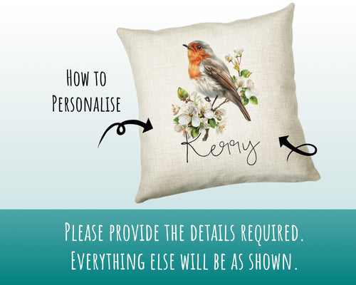 Personalised Robin Gift Cushion Printed Name Design - Cushion Throw Pillow for Him Her - Wild Birds Lover Gift Idea - Little Robin SMC017