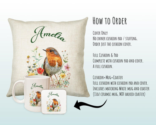 Personalised Robin Gift Cushion Printed Name Design - Cushion Throw Pillow for Him Her - Wild Birds Lover Gift Idea - Little Robin SMC018