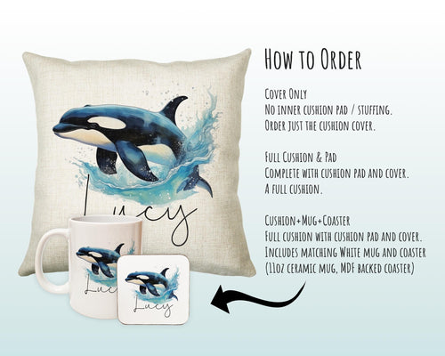 Personalised Orca Whale Cushion Gift Printed Name Design - Cushion Throw Pillow for Him Her - Killer Whale Lover Gift Idea SMC007