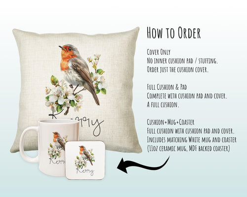 Personalised Robin Gift Cushion Printed Name Design - Cushion Throw Pillow for Him Her - Wild Birds Lover Gift Idea - Little Robin SMC017