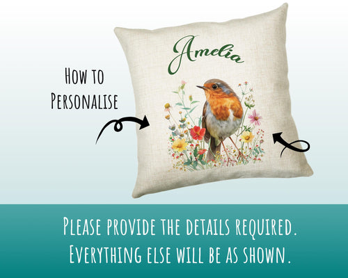 Personalised Robin Gift Cushion Printed Name Design - Cushion Throw Pillow for Him Her - Wild Birds Lover Gift Idea - Little Robin SMC018