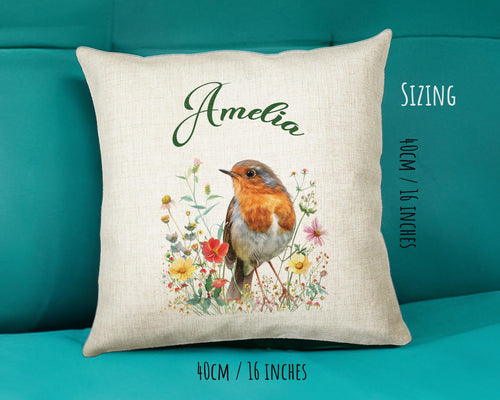 Personalised Robin Gift Cushion Printed Name Design - Cushion Throw Pillow for Him Her - Wild Birds Lover Gift Idea - Little Robin SMC018