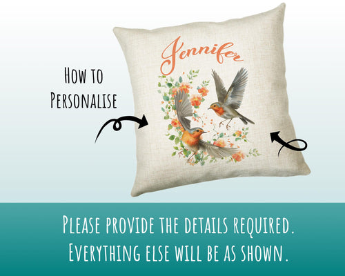 Personalised Robin Gift Cushion Printed Name Design - Cushion Throw Pillow for Him Her - Wild Birds Lover Gift Idea - Little Robin SMC020