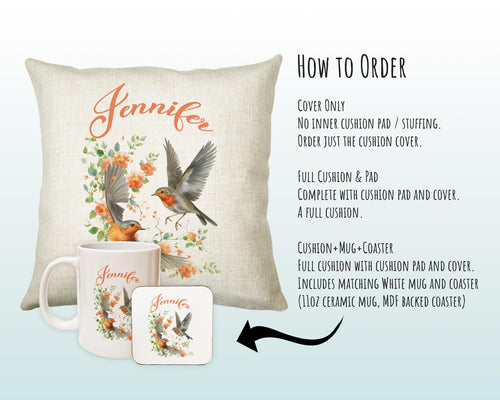 Personalised Robin Gift Cushion Printed Name Design - Cushion Throw Pillow for Him Her - Wild Birds Lover Gift Idea - Little Robin SMC020