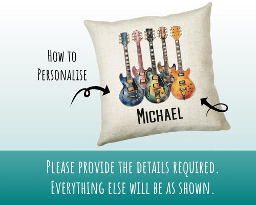Personalised Guitar Gift Cushion Printed Name Design - Cushion Throw Pillow for Him Her - Guitarist Gift Idea for Band Electric Bass SMC024