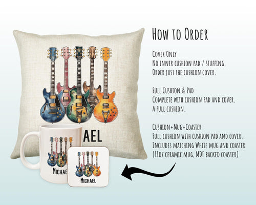 Personalised Guitar Gift Cushion Printed Name Design - Cushion Throw Pillow for Him Her - Guitarist Gift Idea for Band Electric Bass SMC024