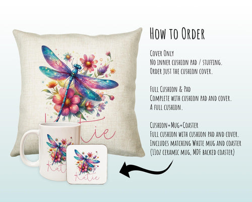 Personalised Dragonfly Gift Cushion Printed Name Design - Cushion Throw Pillow for Him Her - Dragonfly Gift Idea for Nature Lover SMC037
