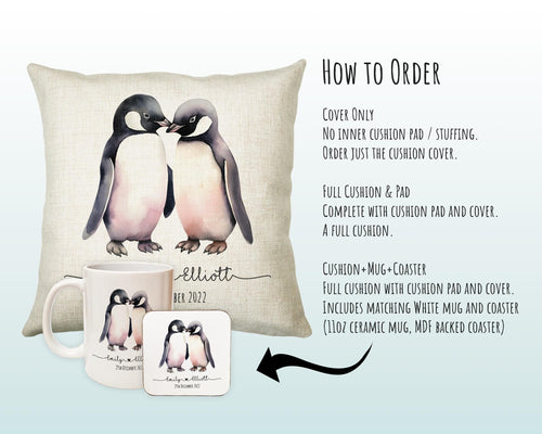 Personalised 2nd Anniversary Penguin Cotton Gift Cushion Two Years Custom Design Gift Valentines Present - Wedding Cushion Pillow SV0027