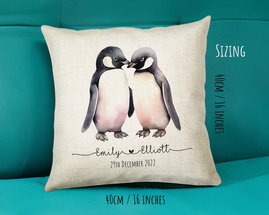 Personalised 2nd Anniversary Penguin Cotton Gift Cushion Two Years Custom Design Gift Valentines Present - Wedding Cushion Pillow SV0027