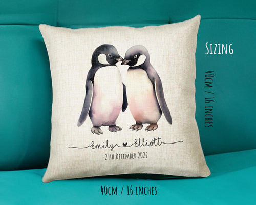 Personalised 2nd Anniversary Penguin Cotton Gift Cushion Two Years Custom Design Gift Valentines Present - Wedding Cushion Pillow SV0027