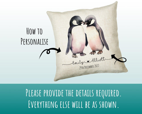 Personalised 2nd Anniversary Penguin Cotton Gift Cushion Two Years Custom Design Gift Valentines Present - Wedding Cushion Pillow SV0027