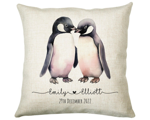 Personalised 2nd Anniversary Penguin Cotton Gift Cushion Two Years Custom Design Gift Valentines Present - Wedding Cushion Pillow SV0027
