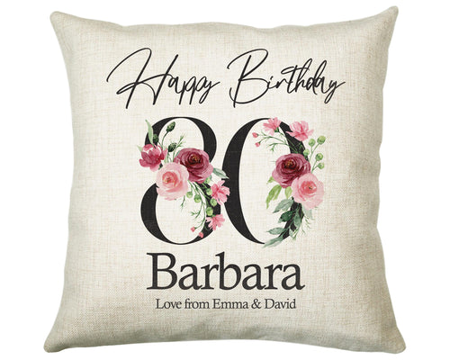 80th Birthday Gift for Women - Personalised Happy Birthday Cushion Age 80 Gift for Her - Ladies Floral Age Design Mum Nan Gran Eighty BNA80C