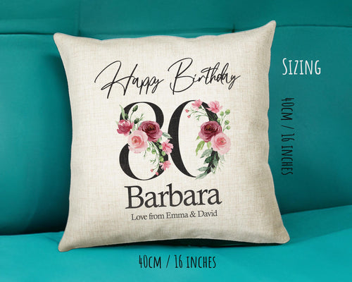 80th Birthday Gift for Women - Personalised Happy Birthday Cushion Age 80 Gift for Her - Ladies Floral Age Design Mum Nan Gran Eighty BNA80C