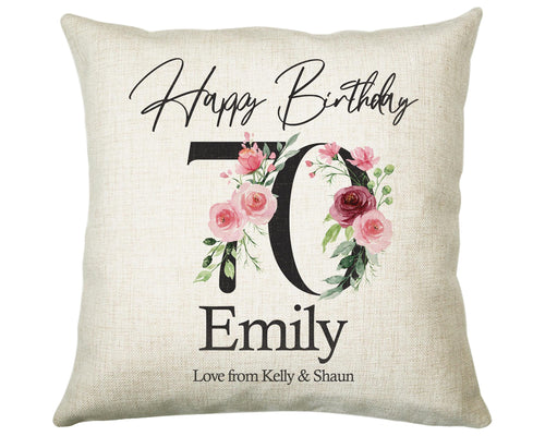 70th Birthday Gift for Women - Personalised Happy Birthday Cushion Age 70 Gift for Her - Ladies Floral Design Mum Nan Gran Seventy BNA70C