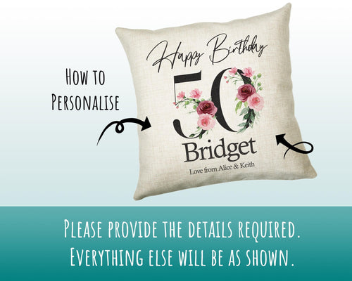50th Birthday Gift for Women - Personalised Happy Birthday Cushion Age 50 Gift for Her - Ladies Floral Design Mum Nan Sister Fifty BNA50C