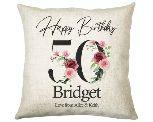 50th Birthday Gift for Women - Personalised Happy Birthday Cushion Age 50 Gift for Her - Ladies Floral Design Mum Nan Sister Fifty BNA50C