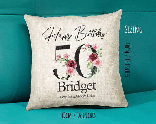 50th Birthday Gift for Women - Personalised Happy Birthday Cushion Age 50 Gift for Her - Ladies Floral Design Mum Nan Sister Fifty BNA50C