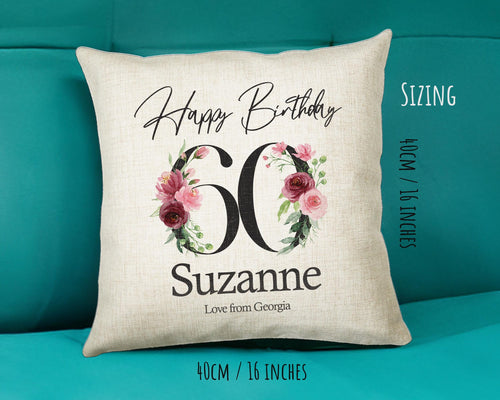 60th Birthday Gift for Women - Personalised Happy Birthday Cushion Age 60 Gift for Her - Ladies Floral Age Design Mum Nan Gran Sixty BNA60C