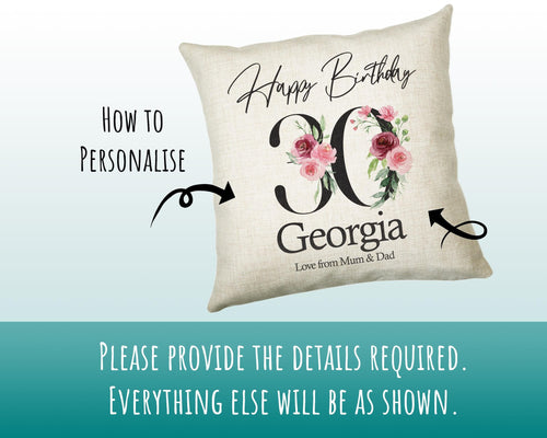 30th Birthday Gift for Her Personalised Happy Birthday Cushion Age 30 Gift for Women Ladies Floral Design Mum Daughter Sister Thirty BNA40C