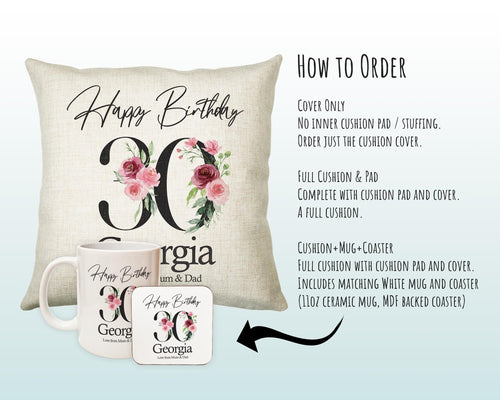 30th Birthday Gift for Her Personalised Happy Birthday Cushion Age 30 Gift for Women Ladies Floral Design Mum Daughter Sister Thirty BNA40C