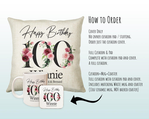 100th Birthday Gift for Women - Personalised Happy Birthday Cushion Age 100 Gift for Her - Ladies Floral Design Nan Gran One Hundred BNA100C