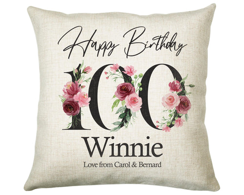 100th Birthday Gift for Women - Personalised Happy Birthday Cushion Age 100 Gift for Her - Ladies Floral Design Nan Gran One Hundred BNA100C