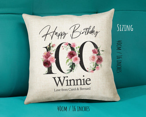 100th Birthday Gift for Women - Personalised Happy Birthday Cushion Age 100 Gift for Her - Ladies Floral Design Nan Gran One Hundred BNA100C